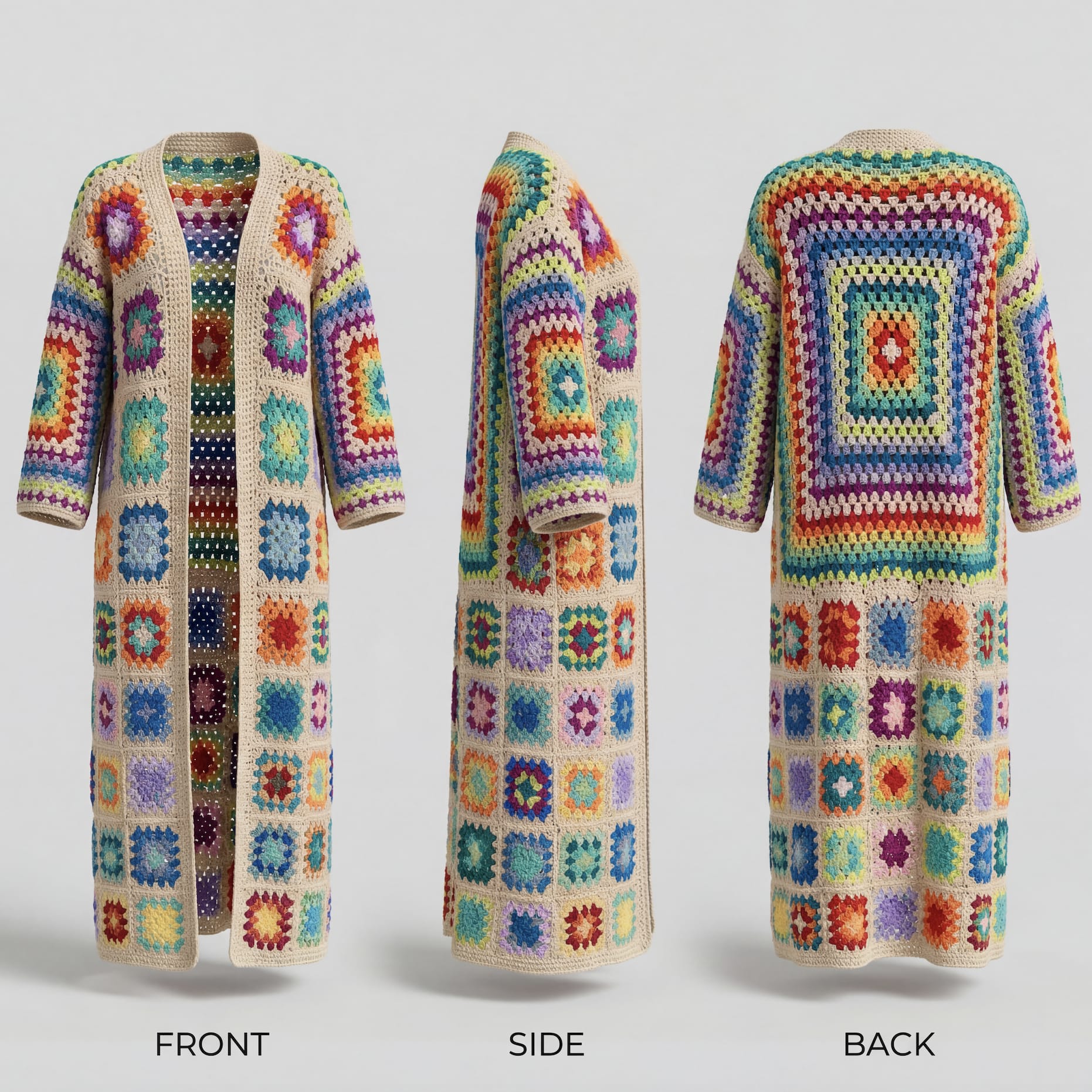 Rainbow granny square cardigan  front, side, and back views