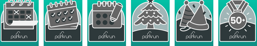 Badge delle sfide di date e frequenza parkrun: Monthly, Daily, Date Bingo, Christmas Day, Festive Double e parkrun Obsessive