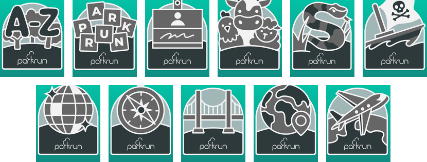 Badge delle sfide di ortografia e geografia parkrun: Alphabeteer, parkrun, Namely, Old MacDonald, Snakes, Pirates, Staying Alive, Compass Club, The Full Ponty, World Tourist e Jetsetter