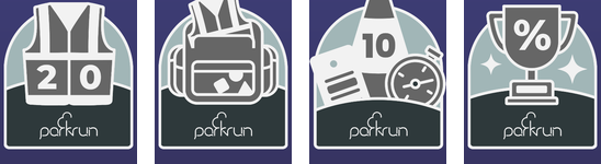 Badge delle sfide di volontariato parkrun: Voluntary, Volunteer Tourist, Volunteer of All Trades e Volunteer Ratio