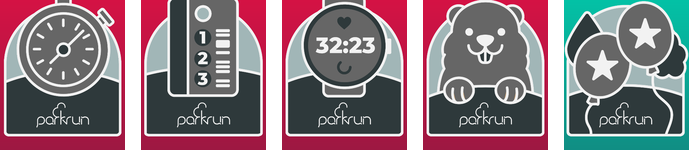 Badge delle sfide di tempi e posizioni parkrun: Stopwatch Bingo, Position Bingo, Palindrome, Groundhog Day e Match