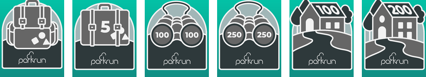 Badge delle sfide di turismo parkrun: Tourist, Tourist Streak, Explorer 100, Explorer 250, Single-Ton e Double-Ton