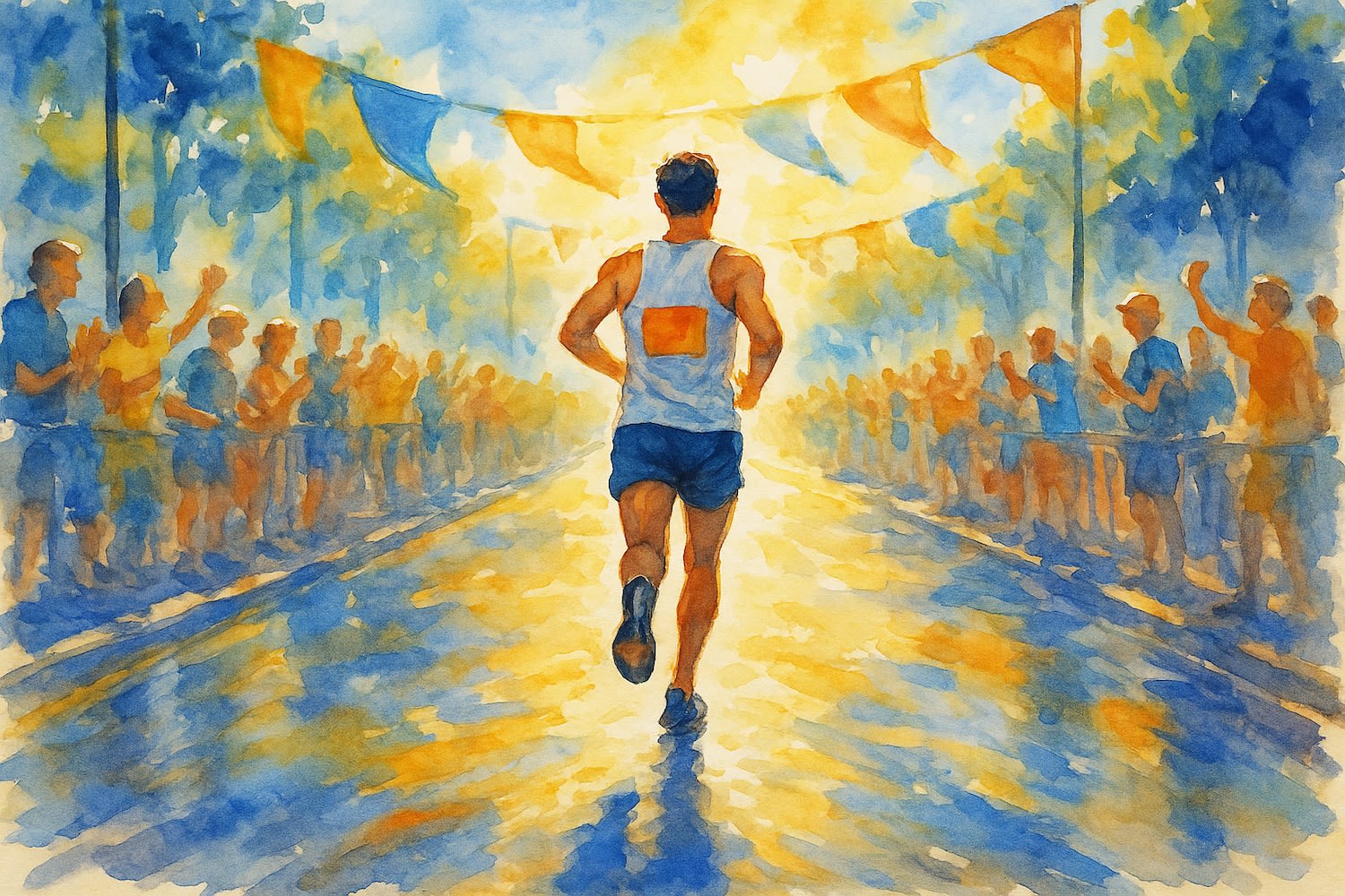 Illustration of a runner in the rain, crossing the finish line