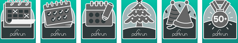 parkrun date and frequency challenge badges: Monthly, Daily, Date Bingo, Christmas Day, Festive Double and parkrun Obsessive