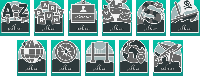 parkrun spelling and geography challenge badges: Alphabeteer, parkrun, Namely, Old MacDonald, Snakes, Pirates, Staying Alive, Compass Club, The Full Ponty, World Tourist and Jetsetter