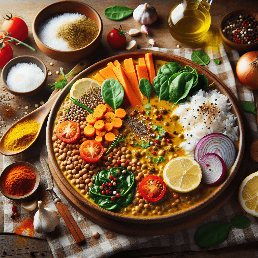 A hearty and flavorful vegan curry made with lentils, vegetables, and fragrant spices, served over rice.