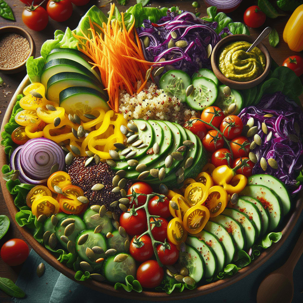 A vibrant, colorful salad that's as delightful to look at as it is to eat, packed with a variety of fresh veggies and a tangy dressing.