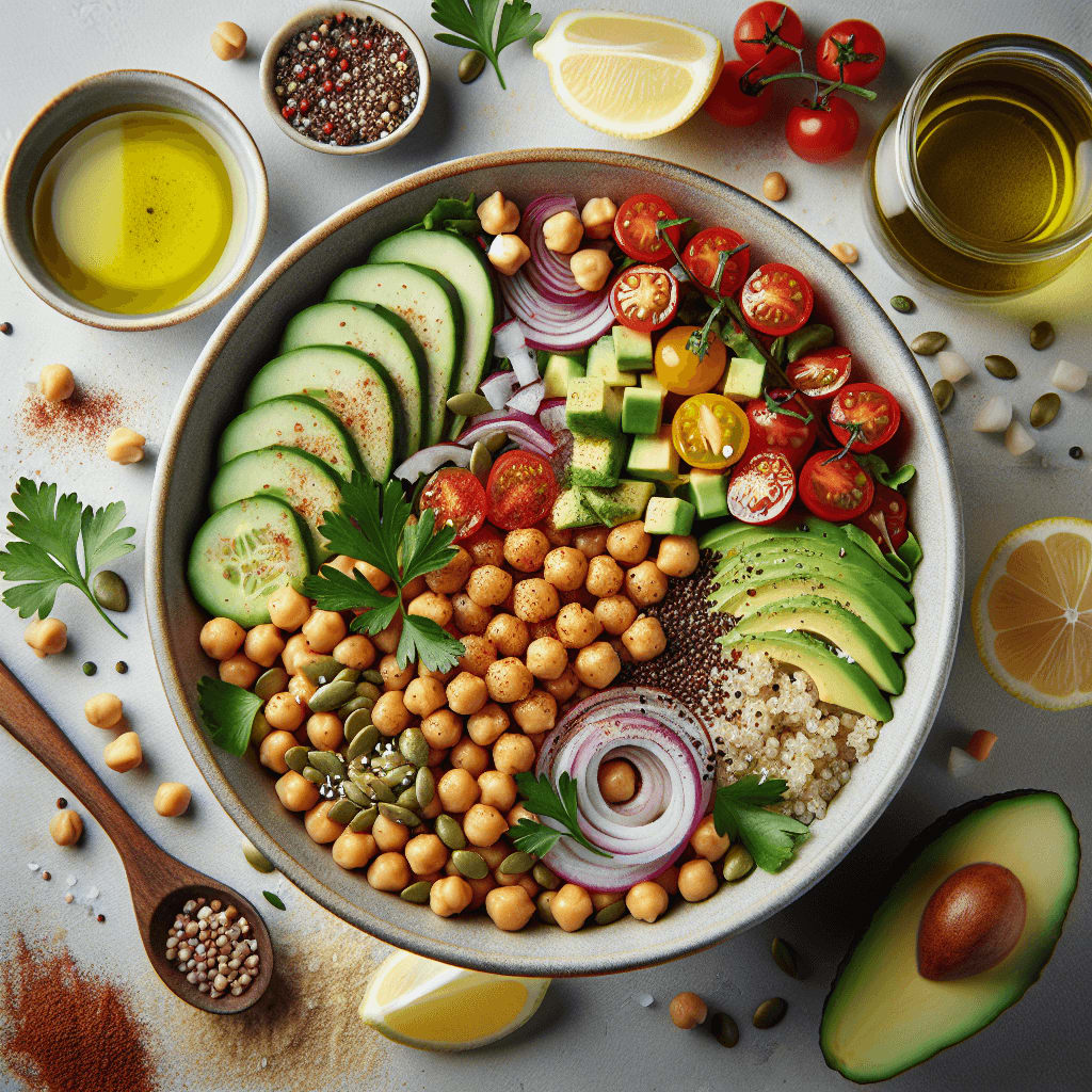 A nutritious and flavorful vegan salad packed with chickpeas, quinoa, avocado, and fresh veggies, dressed in a simple lemon-olive oil vinaigrette.