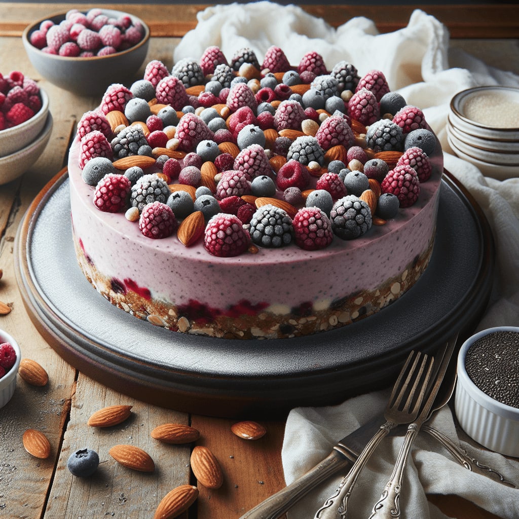 A delectable and creamy vegan cheesecake bursting with the fresh and tangy flavors of mixed berries.