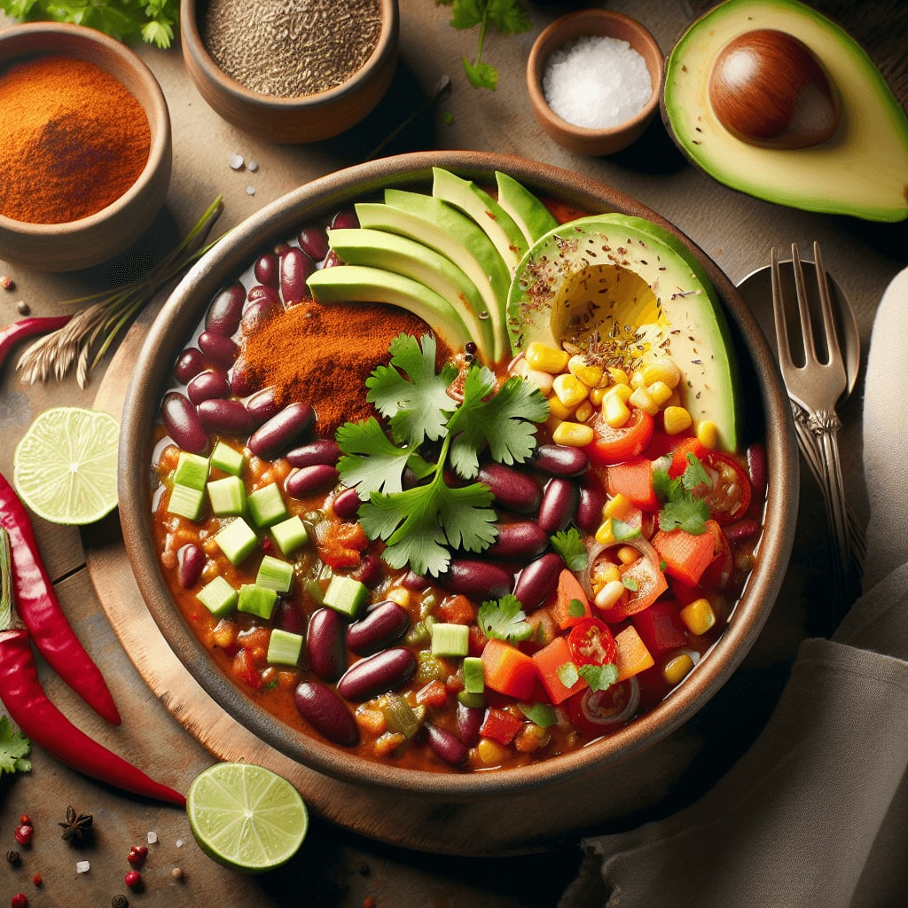 A hearty and flavorful vegan chili packed with vegetables and spices.