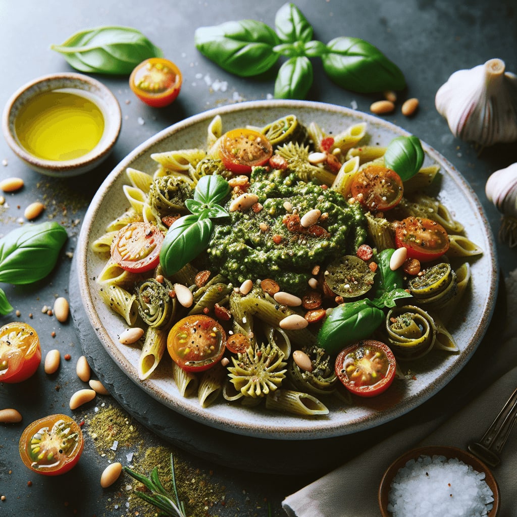 A nutritious and delicious vegan pesto pasta dish packed with fresh basil, pine nuts, and cherry tomatoes.