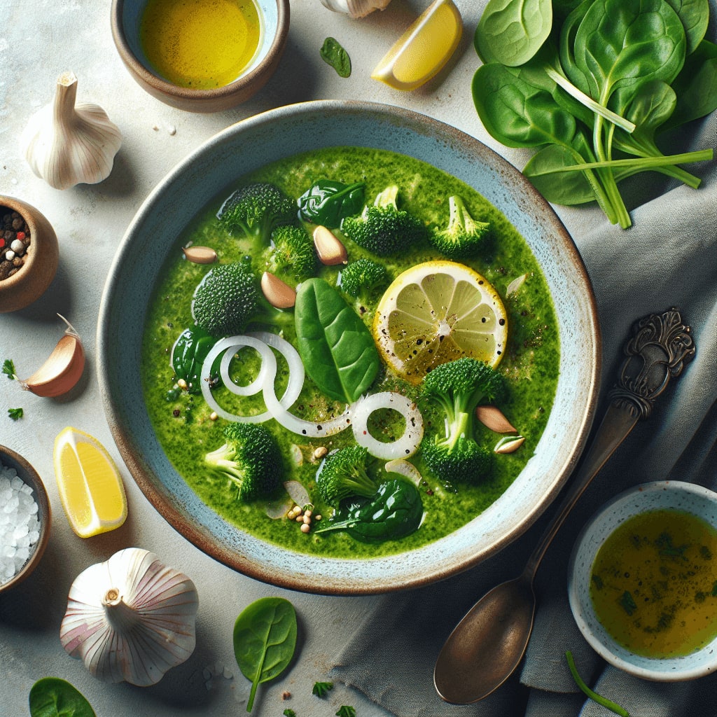 A nourishing and flavorful vegan soup made with broccoli, spinach, and coconut milk, perfect for a health boost.