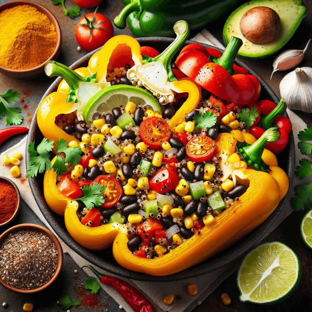 A delightful dish featuring bell peppers stuffed with a flavorful mix of quinoa, black beans, and vegetables.