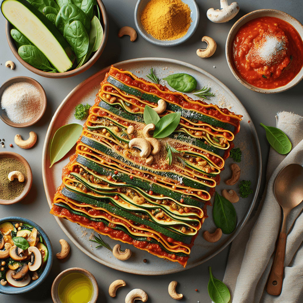 A layered delight of whole wheat noodles, homemade cashew cheese, and fresh vegetables, baked to perfection.