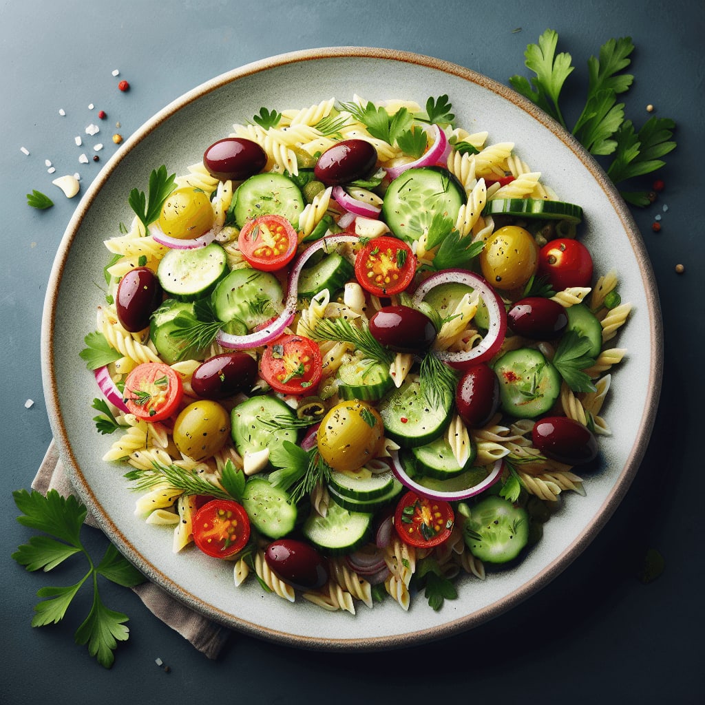 A vibrant and zesty Greek-style orzo salad packed with fresh vegetables and herbs, perfect for any meal.