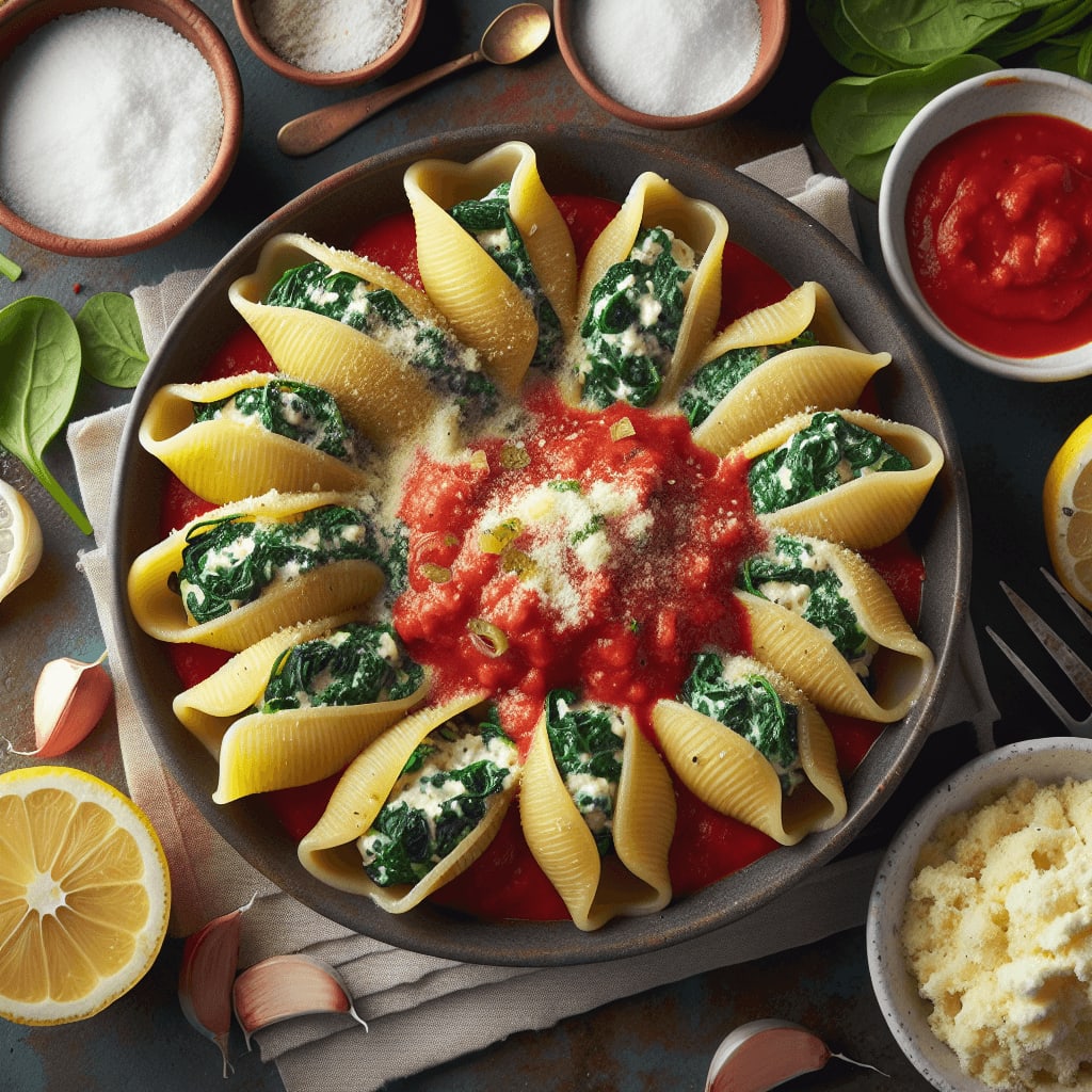 Delectable jumbo pasta shells stuffed with a creamy vegan ricotta-spinach mixture, baked in marinara sauce.