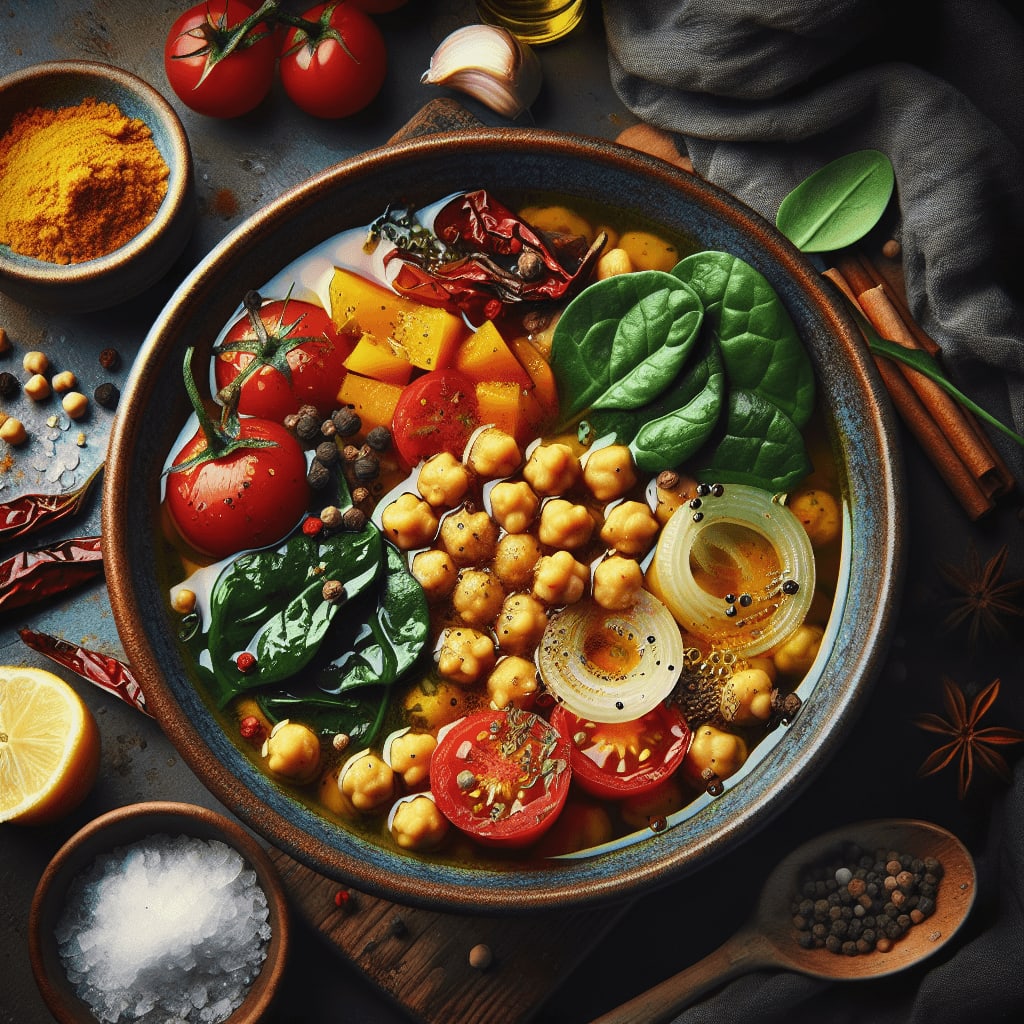 A hearty, cozy stew filled with chickpeas and a creamy tahini finish, perfect for chilly evenings.