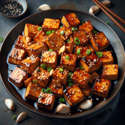 Delectable tofu cubes coated in a savory-sweet teriyaki glaze, perfect for serving over rice or veggies.