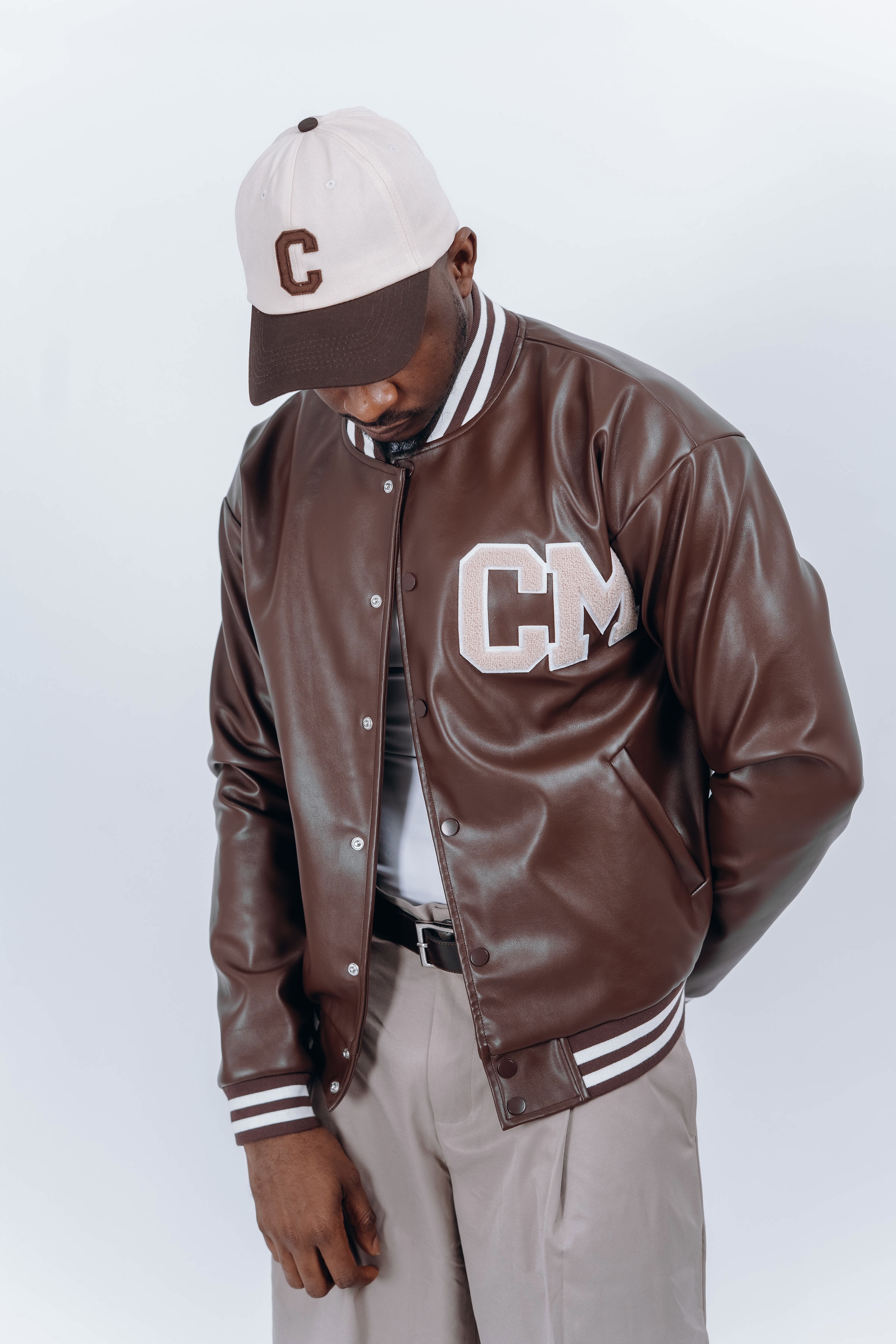 PU varsity jacket in dark brown