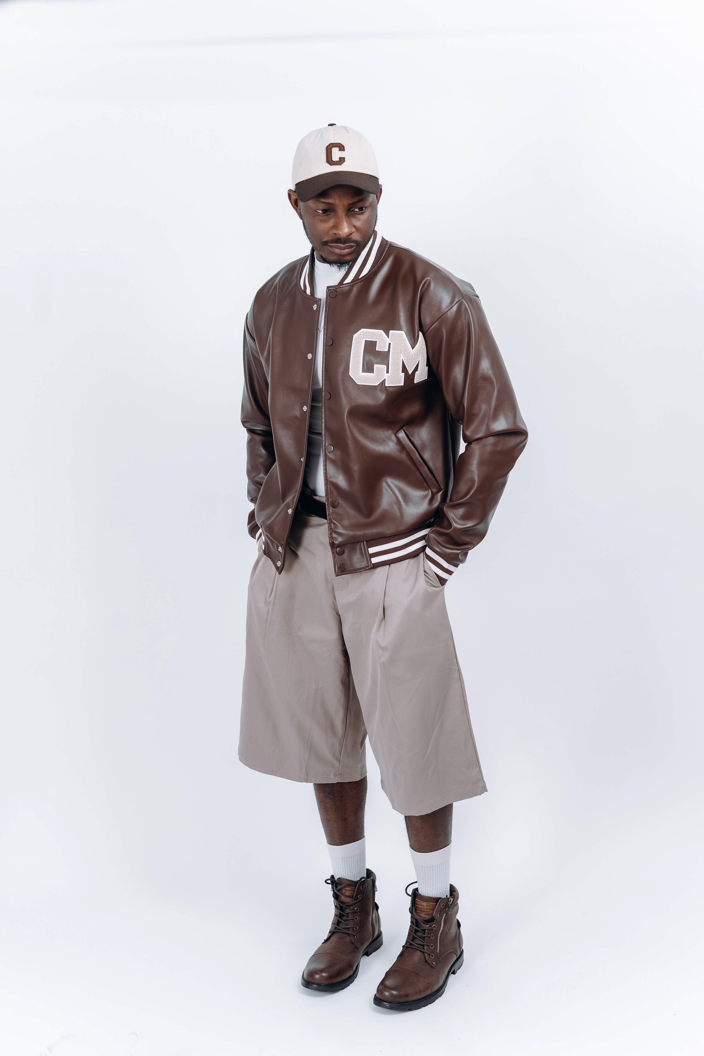 PU varsity jacket in dark brown