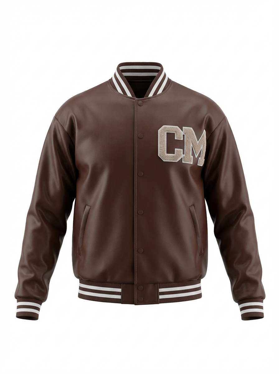PU varsity jacket in dark brown