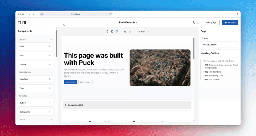 GIF showing the editor with resizable sidebars and inline text editing