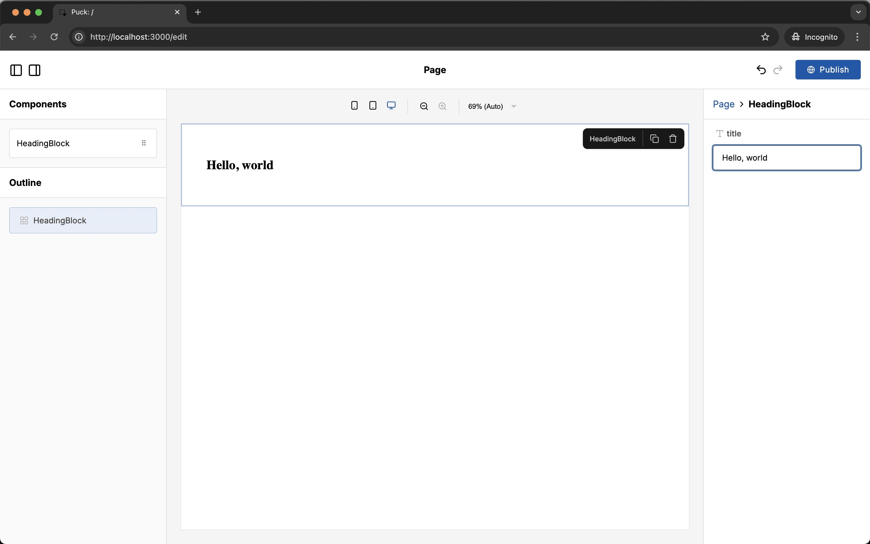 The default Puck interface with HeadingBlock updated to read Hello World