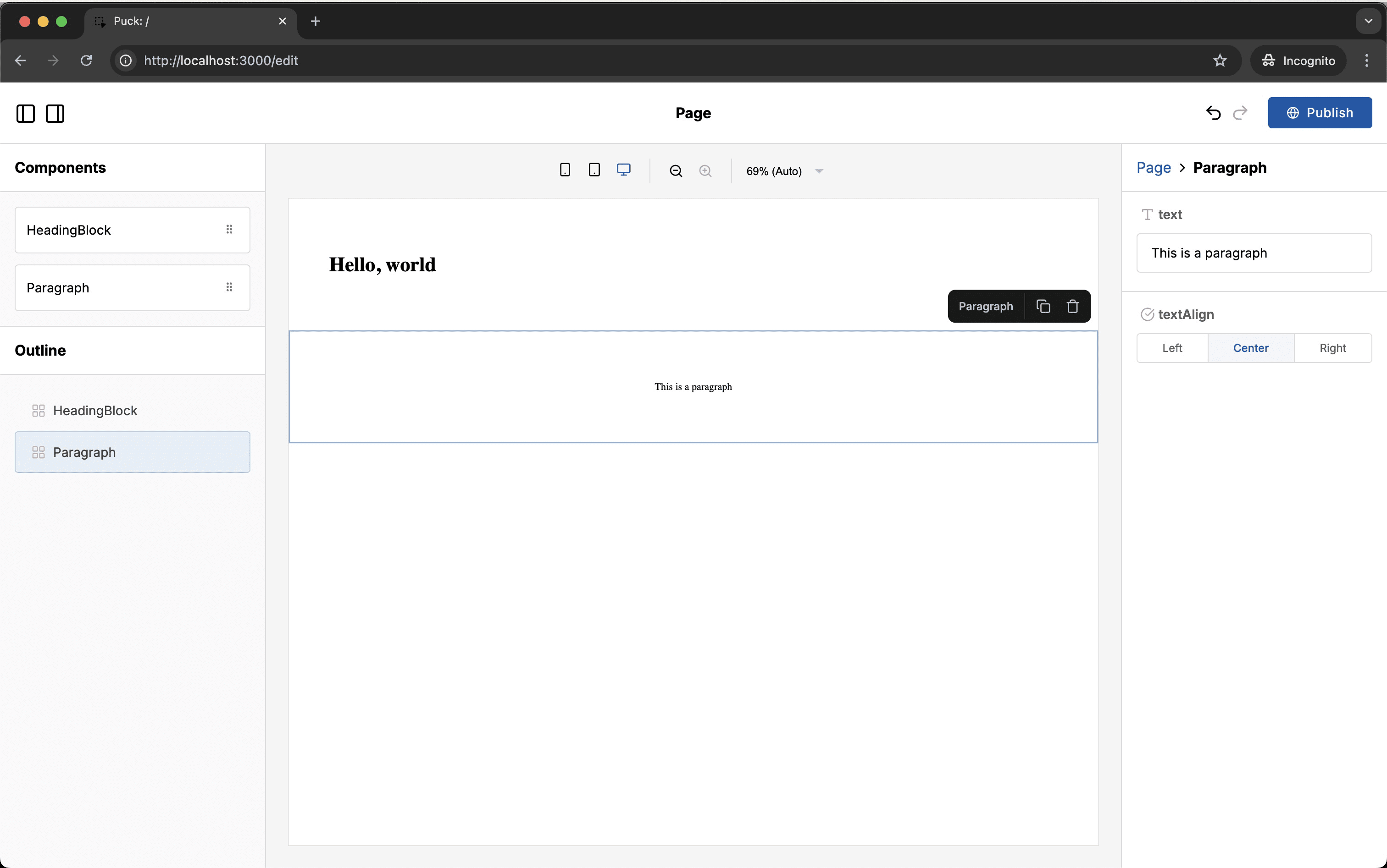 Puck interface with Paragraph center-aligned