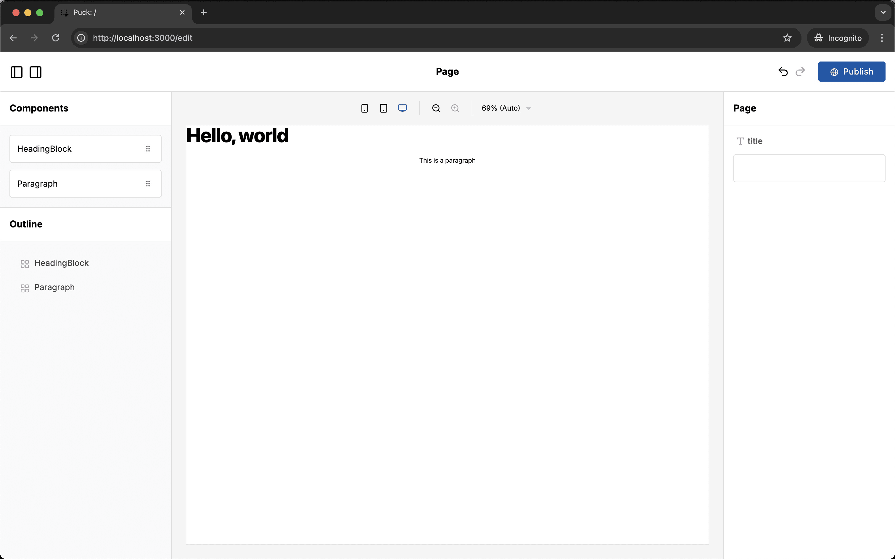 Puck interface showing preview window with Tailwind for the HeadingBlock and Paragraph