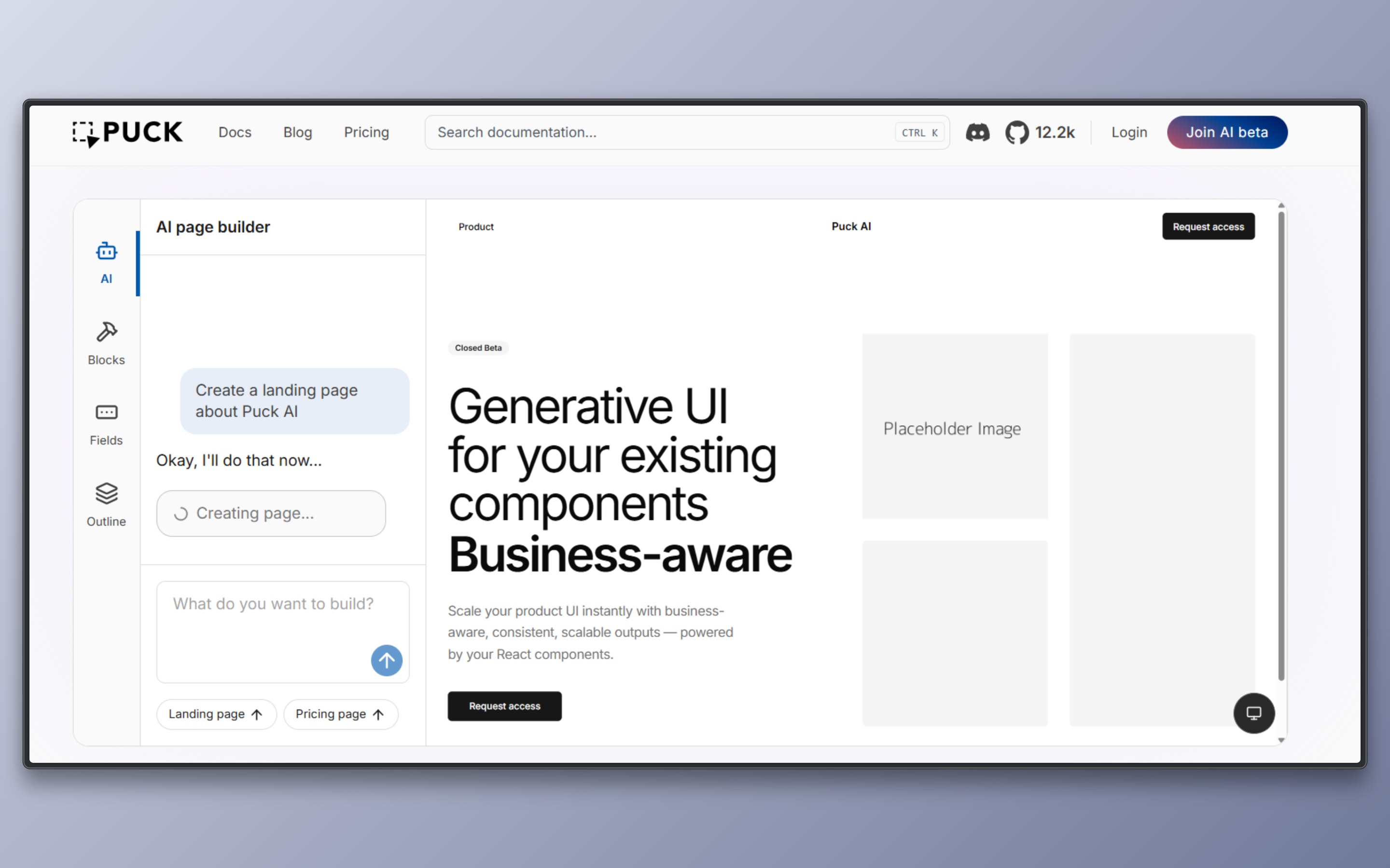Puck AI generating a production-ready UI using existing components