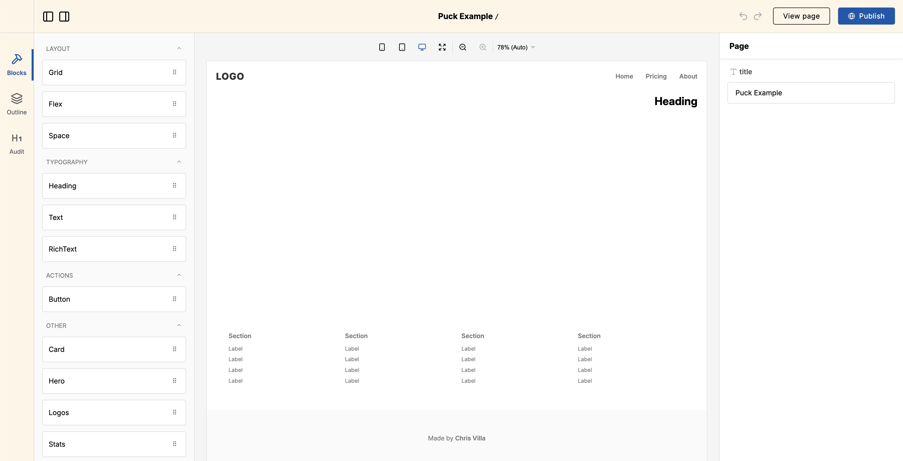 Puck editor showing a tan color for the header and plugin bar