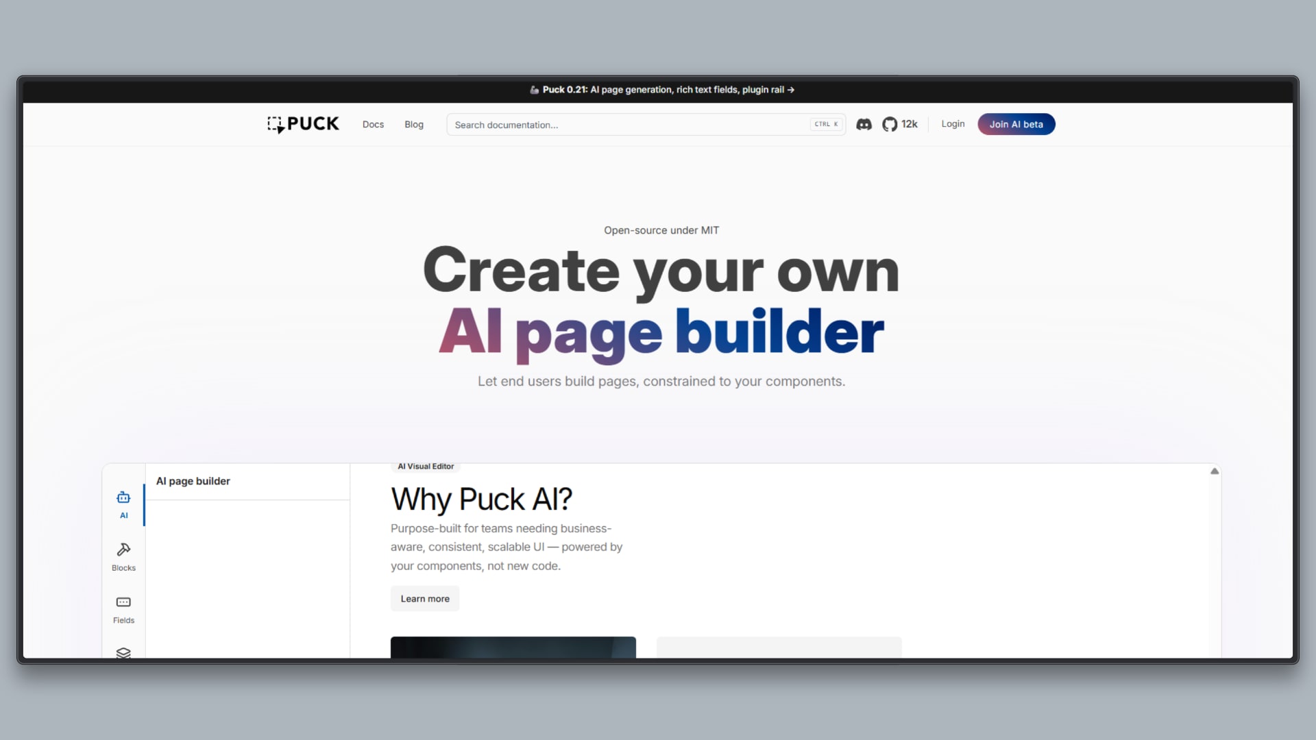 The Puck AI website builder interface