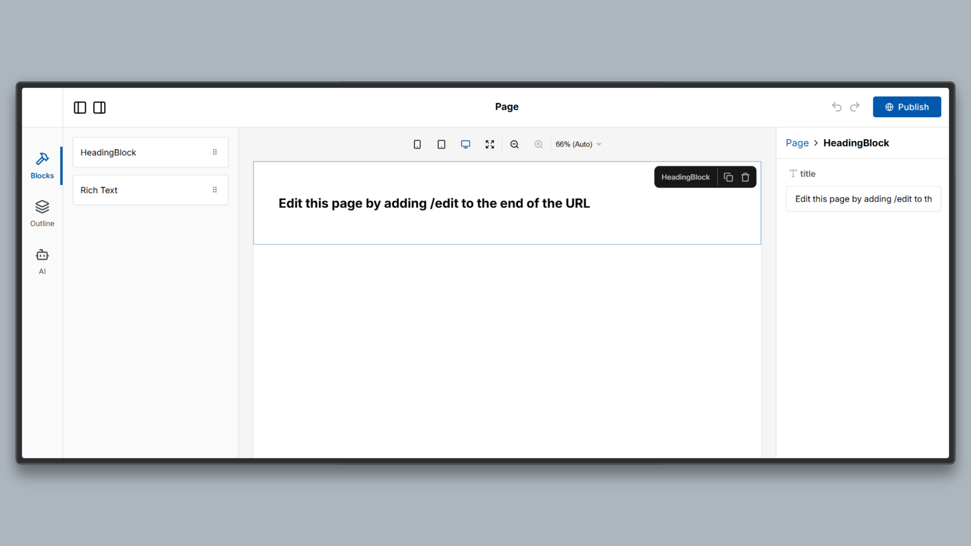 Basic Puck editor interface showing a heading and rich text block