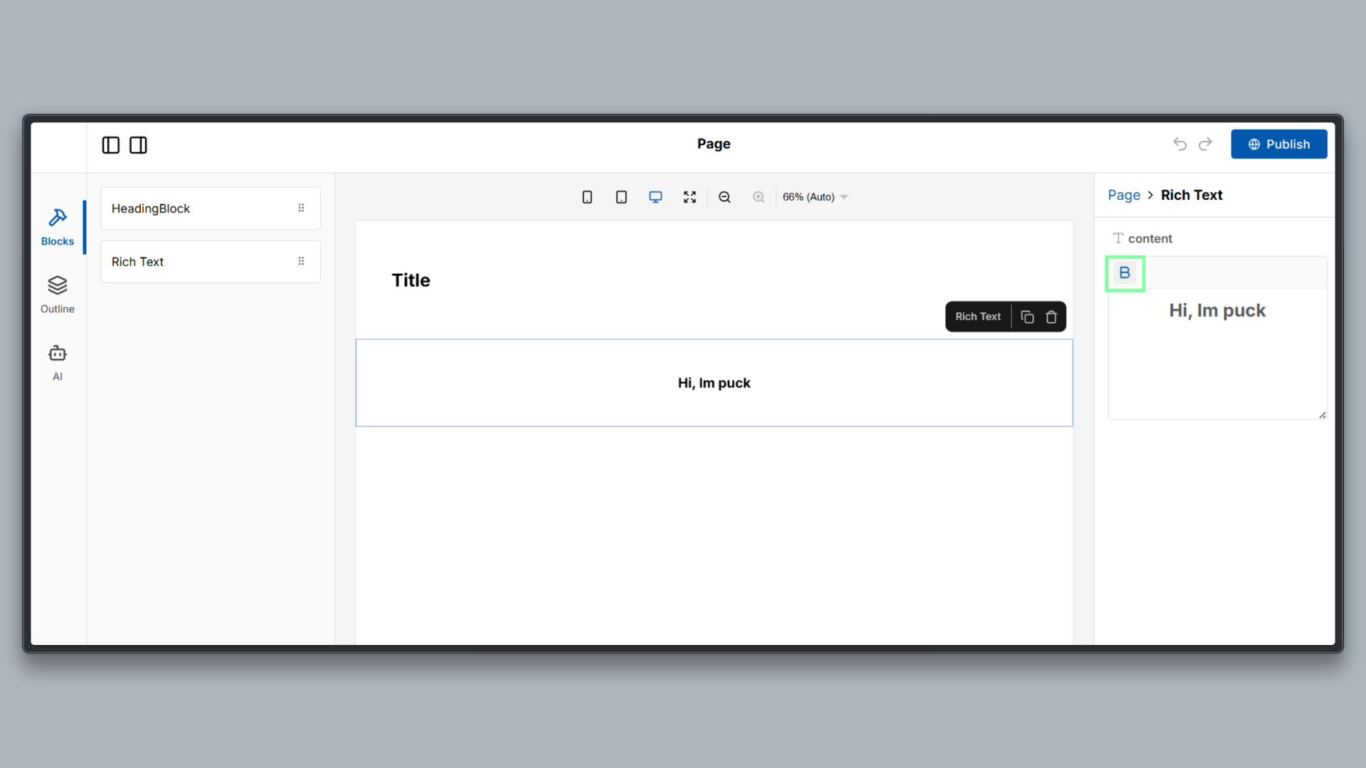Puck editor interface showing only the bold control in the rich text editor toolbar