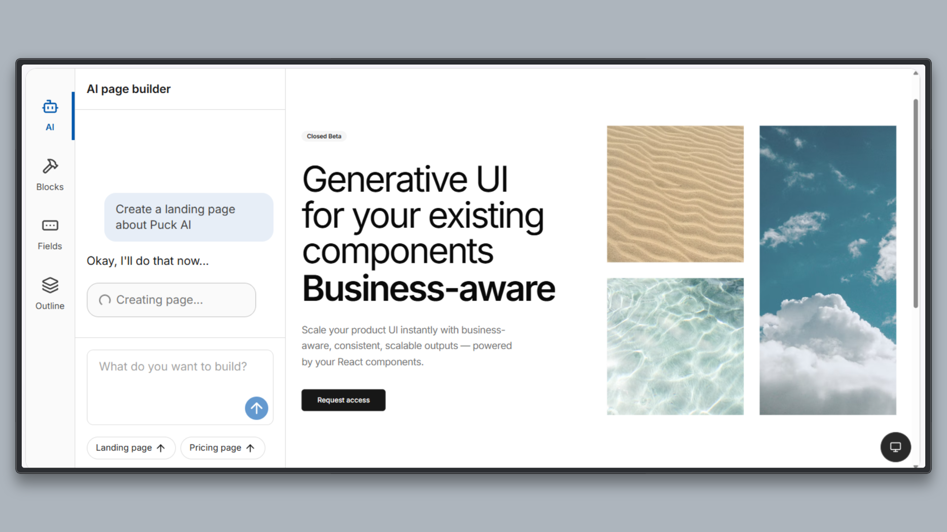 Puck editor demo as an AI page builder that uses your components