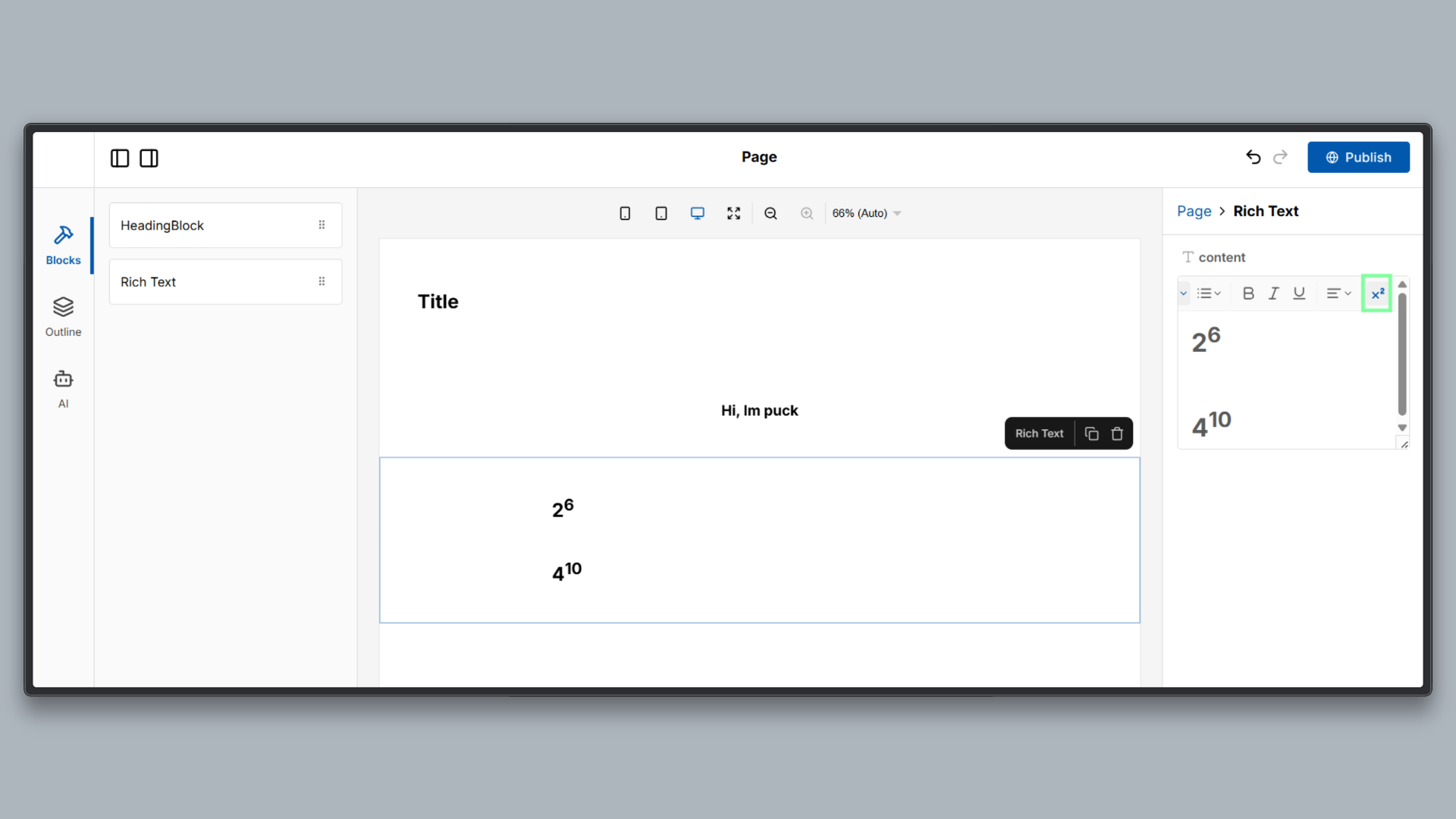 Puck editor interface showing a custom toolbar button for the Superscript extension