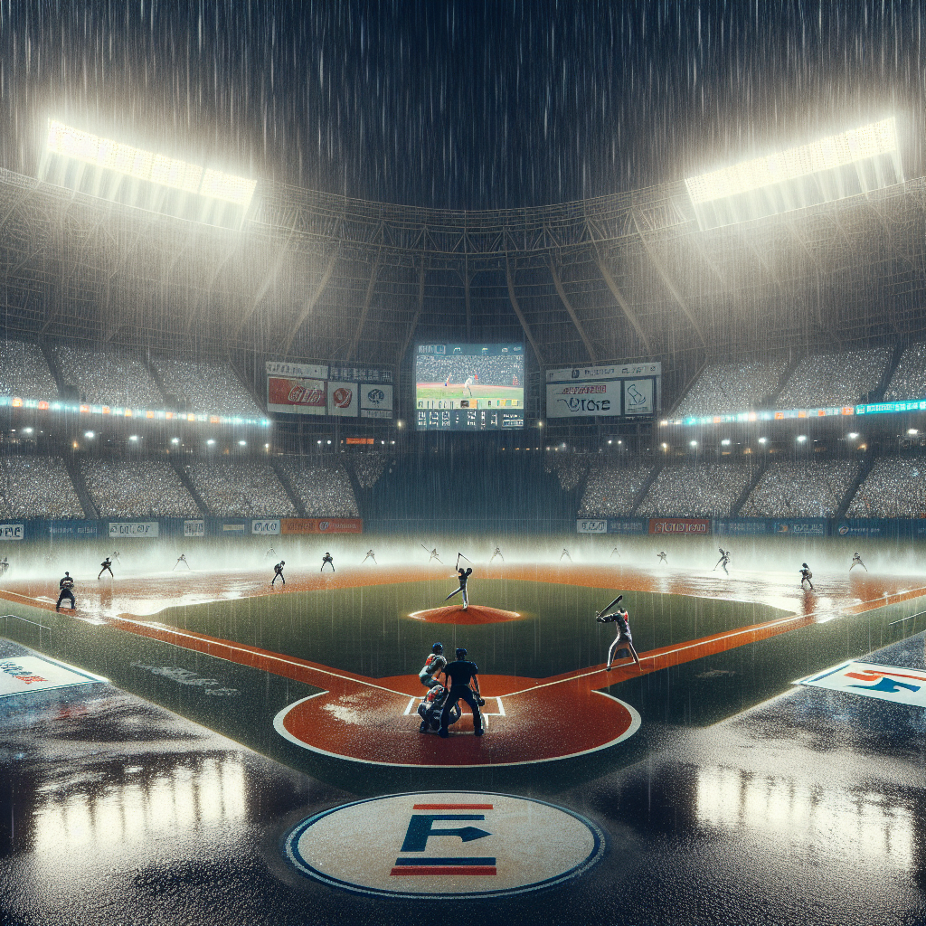 NC 다이노스와 KIA 타이거즈의 경기 장면, 우천 속 경기, 만원 관중