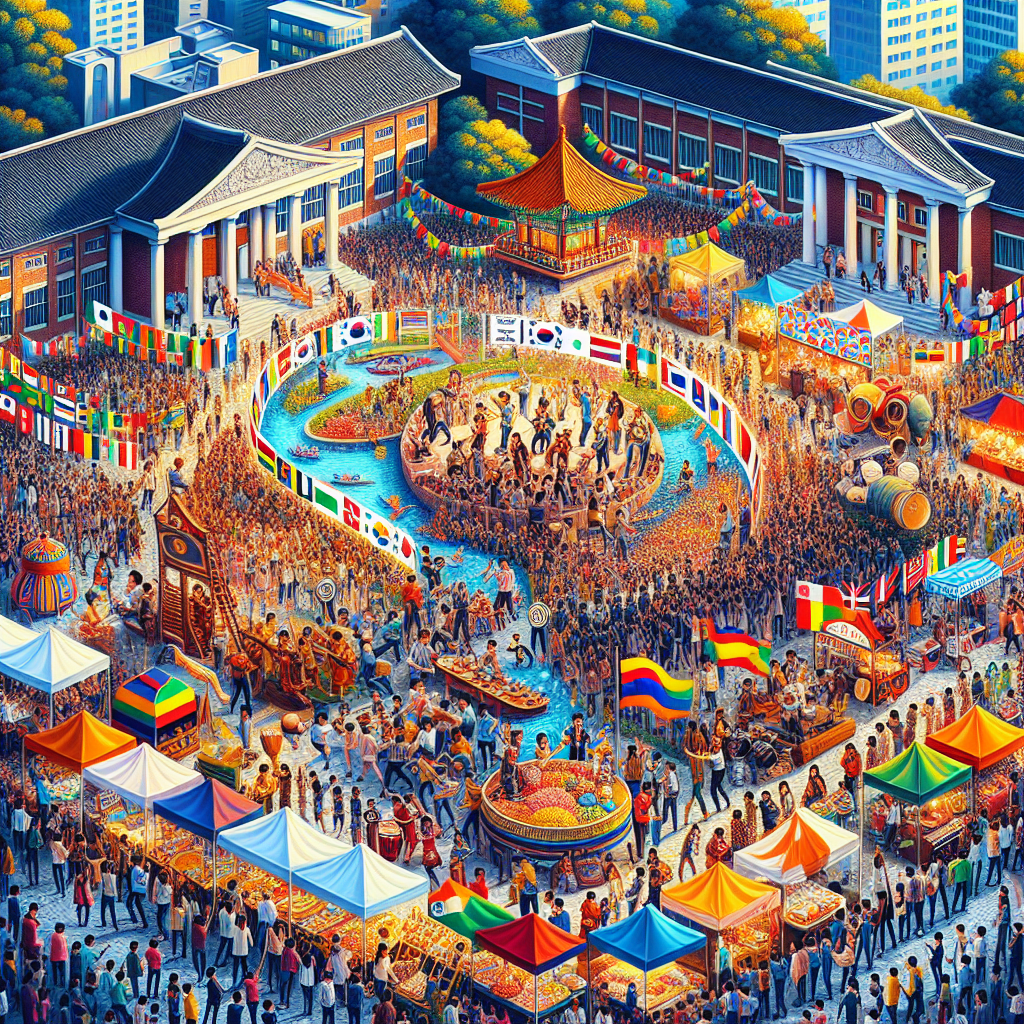 A vibrant scene at Yeungnam University with students enjoying a festival and various cultural activities.