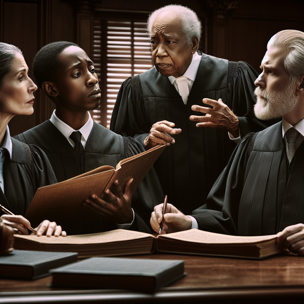 A courtroom setting with judges discussing a historical case.