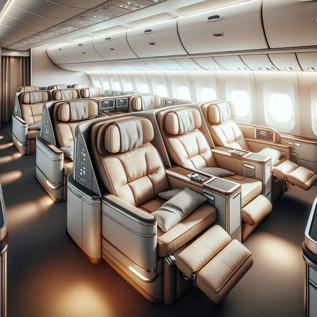 티웨이 항공의 비즈니스 클래스 좌석과 편안한 기내 환경을 묘사하는 이미지