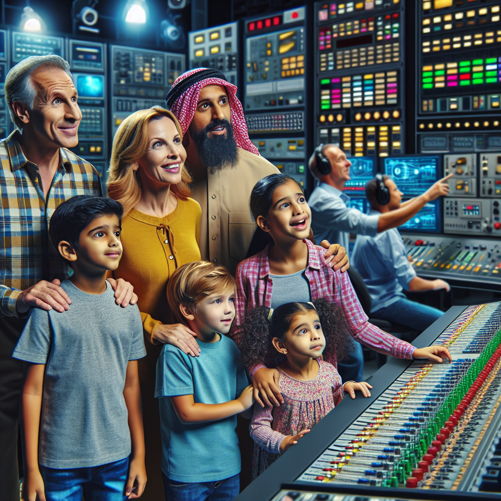 Show an engaging image of a family enjoying a visit to a broadcasting station.