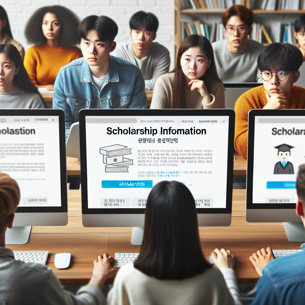 학생들이 컴퓨터 앞에서 한국장학재단 웹사이트를 보고 있는 장면