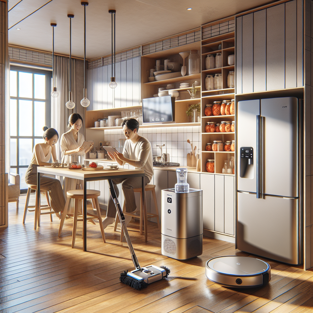 Photorealistic modern Korean kitchen in daylight, featuring an LG Objet Collection water purifier on the counter, a family comparing rental vs purchase on a tablet, an LG all-in-one robot vacuum with mop dock working on wooden floors, and an open kimchi refrigerator showing organized compartments; clean minimal interior, soft natural light, lifestyle editorial photography.