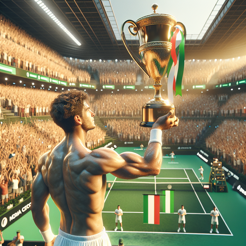 Jannik Sinner lifting a Grand Slam trophy on Centre Court, 2025 vibe, detailed grass texture, Italian tricolor accents in the crowd, golden-hour lighting, 85mm lens, high-detail, dynamic celebration, sports photography