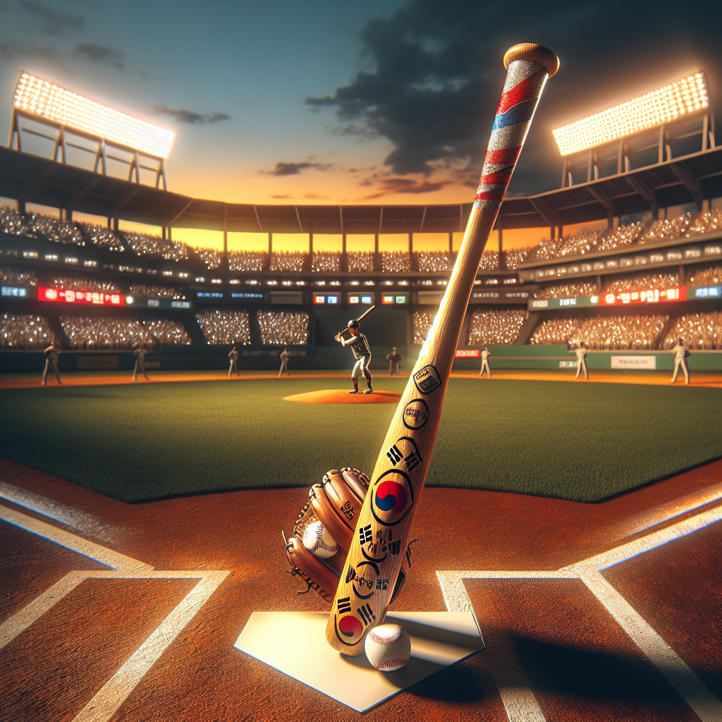 MLB 야구장 석양 아래, 김하성이 태극기 문양이 들어간 배트를 들고 타석에 들어서기 직전의 순간. 내야 그라운드와 관중의 환호가 배경으로 흐르고, 조명이 켜지며 긴장감이 감도는 장면. 사실적이고 역동적인 스포츠 사진 느낌, 따뜻한 색감, 고속 셔터로 포착된 준비 동작.