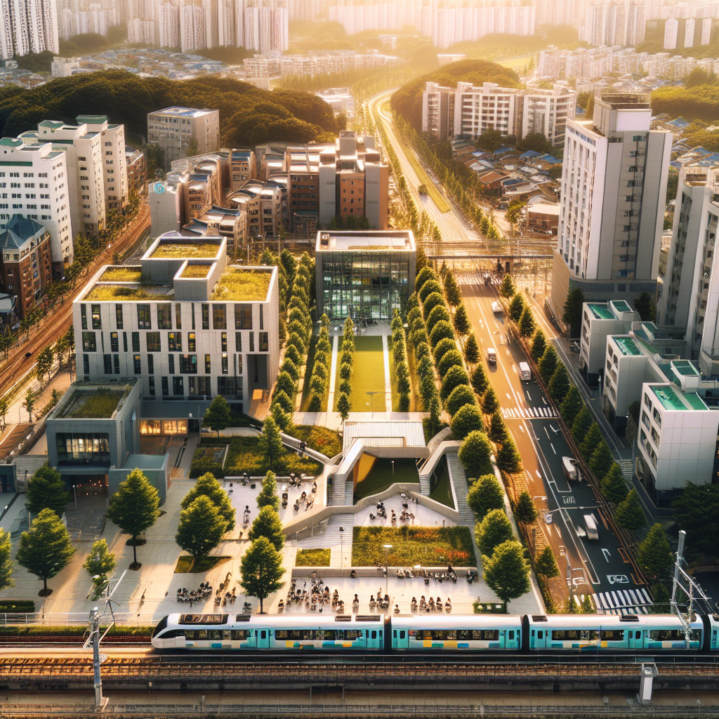 여름 오후의 자연광 아래 명지대학교 용인캠퍼스와 명지대역 일대가 한눈에 보이는 항공 뷰. 초록수가 풍성한 캠퍼스, 지나가는 경전철, 근처 오피스텔 외관(현대적 파사드), 도서관 앞에서 공부하는 학생들, 따뜻하고 선명한 4K 화질, 현실적인 색감, 프리미엄 브로슈어 스타일.