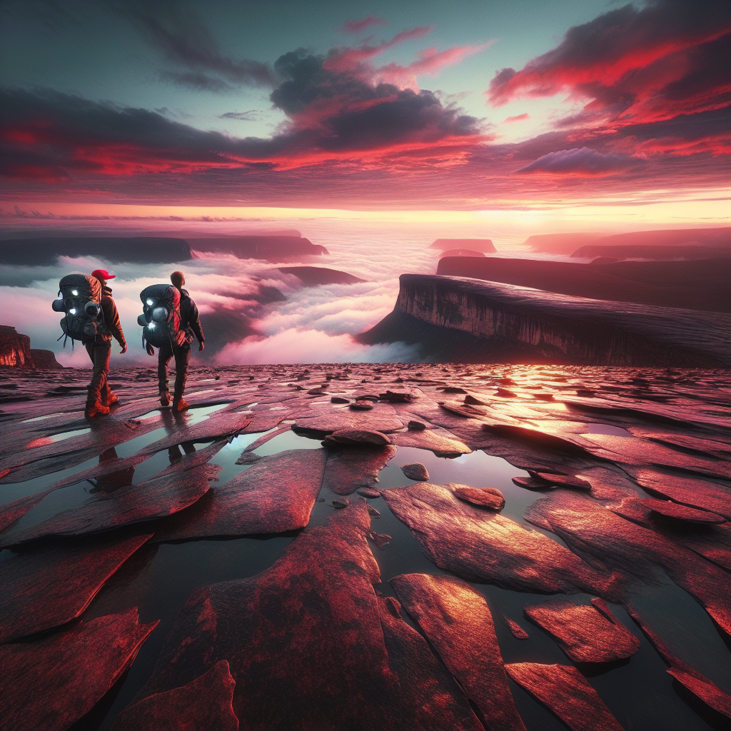 새벽의 베네수엘라 로라이마 산(테푸이) 상단. 붉게 물든 하늘과 구름 바다 위로 평평한 암반 지형이 펼쳐지고, 두 명의 트레커가 헤드램프를 켠 채 배낭을 메고 서 있다. 전경에는 젖은 돌과 작은 웅덩이에 하늘이 반사되고, 안개가 낮게 흐른다. 초광각, 사실적인 질감, 높은 대비, 자연광, 6K, 여행 다큐멘터리 사진 스타일.