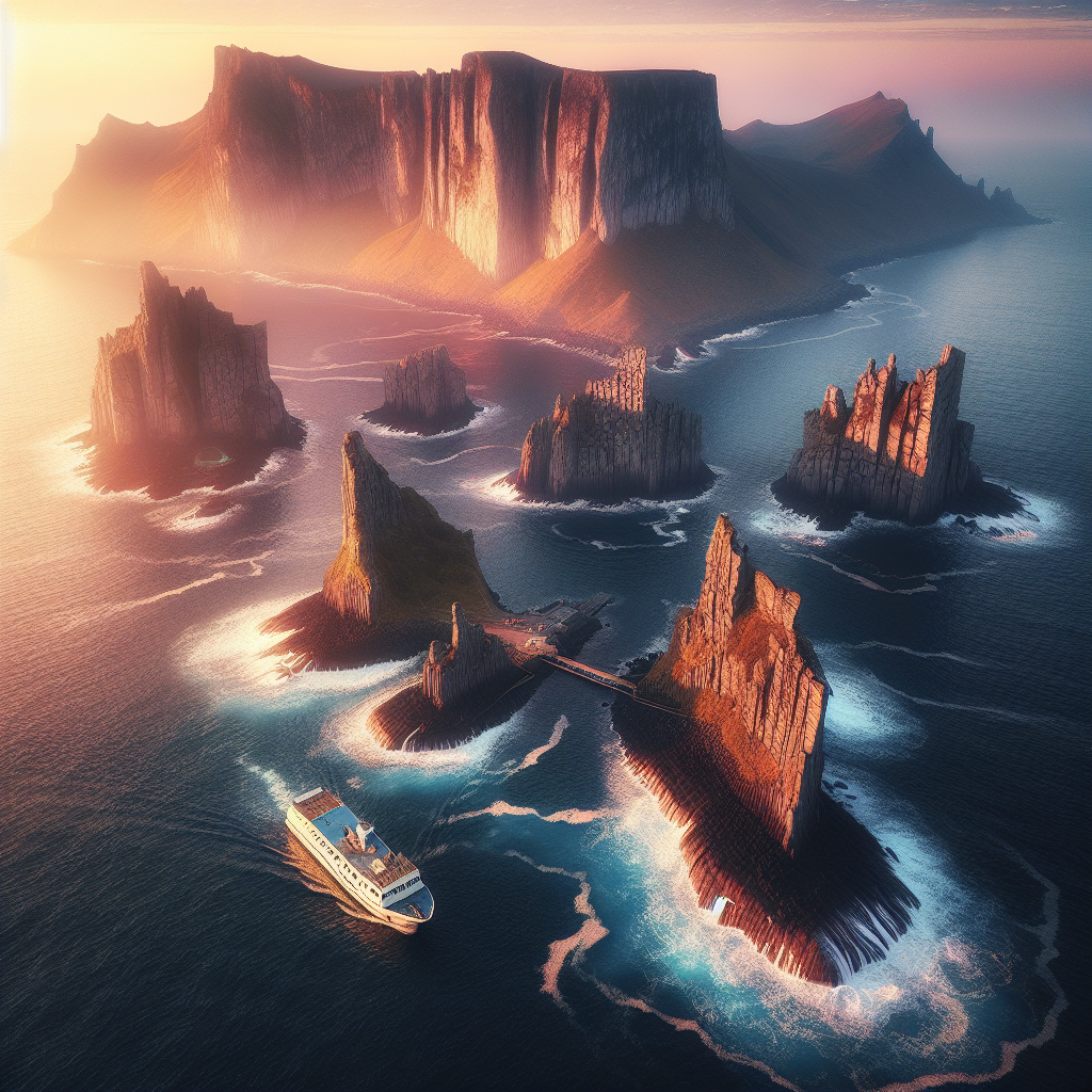 Dramatic aerial view of Dokdo (Liancourt Rocks) at sunrise, rugged basalt cliffs, deep cobalt sea with whitecaps, a small tour ferry approaching the East Islet pier, crisp realistic photography, high dynamic range, minimal haze, natural color grading