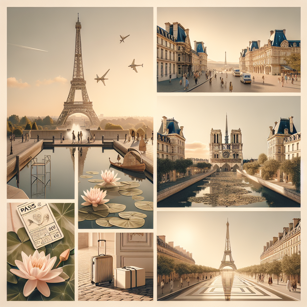 파리 에펠탑과 루브르 박물관, 지베르니 수련 연못, 몽생미셸 수도원, 라발레 빌리지 아울렛 거리를 하나의 감각적 콜라주로. 오전의 부드러운 자연광, 사람은 최소, 따뜻한 베이지·파스텔 톤. 여행 가이드북 분위기, 간결한 아이콘(패스 티켓, 캐리어, 쇼핑백) 포인트. 3:2 비율, 고해상도.