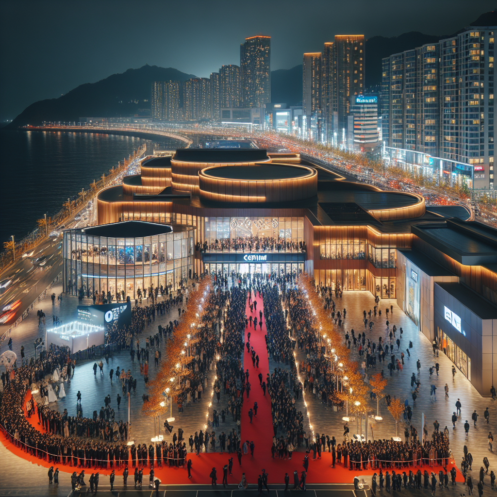 부산 해운대 센텀시티 야경, 제30회 부산국제영화제 레드카펫과 관객 행렬, 대형 상영관 외관, 따뜻한 조명, 가을 밤바다 분위기, 미세한 안개, 다이내믹한 군중의 설렘, 고급 다큐멘터리 사진 스타일